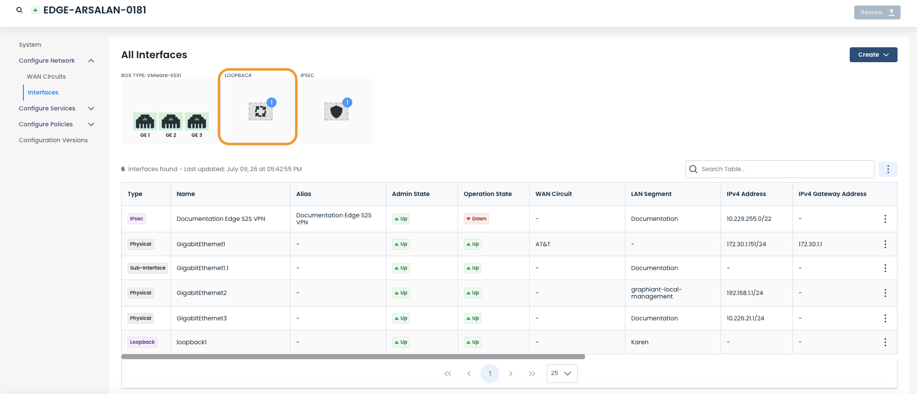 Interface configuration overview showing loopback and IPSec details with operational states.